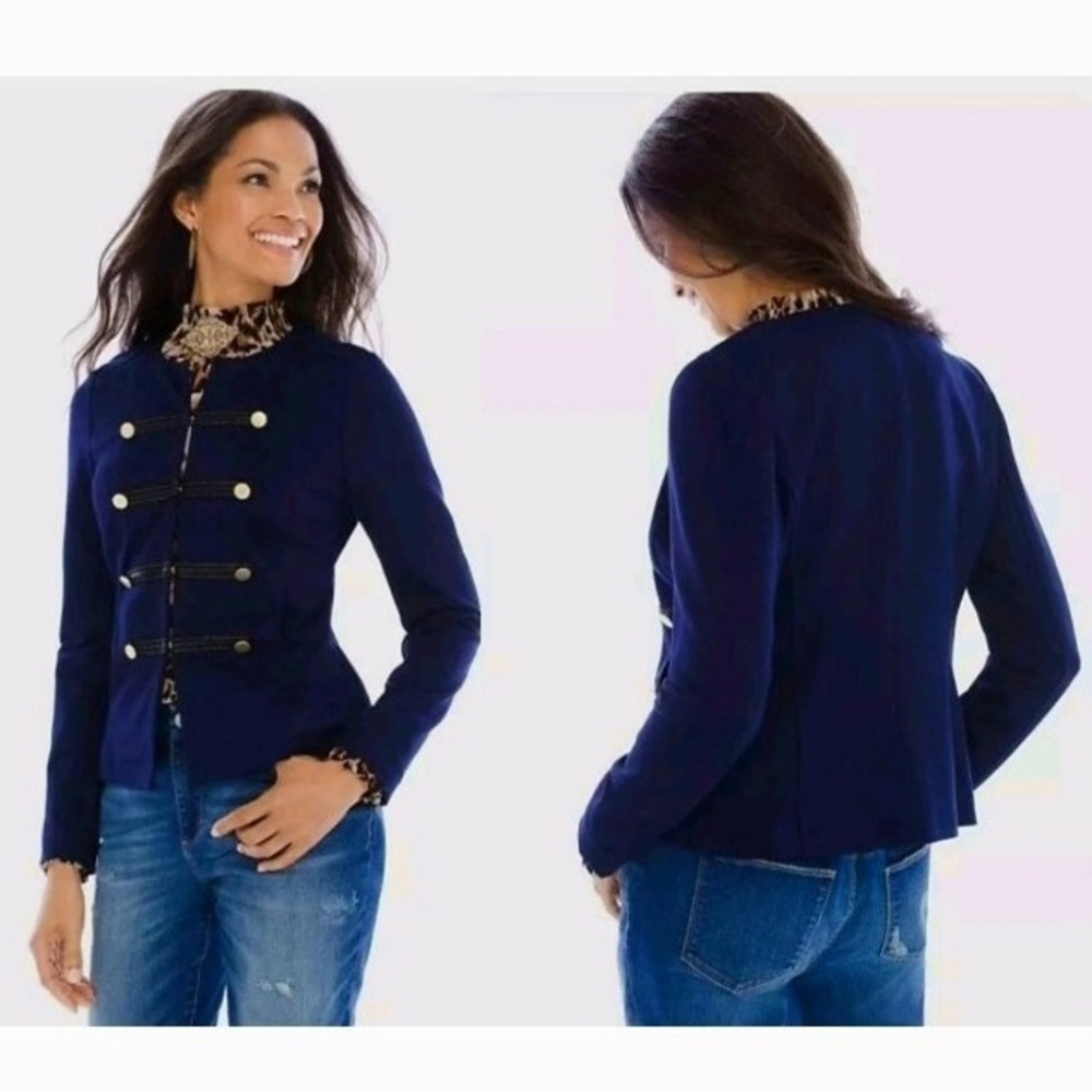 Chico's Jacket Navy Blue Military Blazer Stretch Twill Gold Buttons Sz 2 / L
